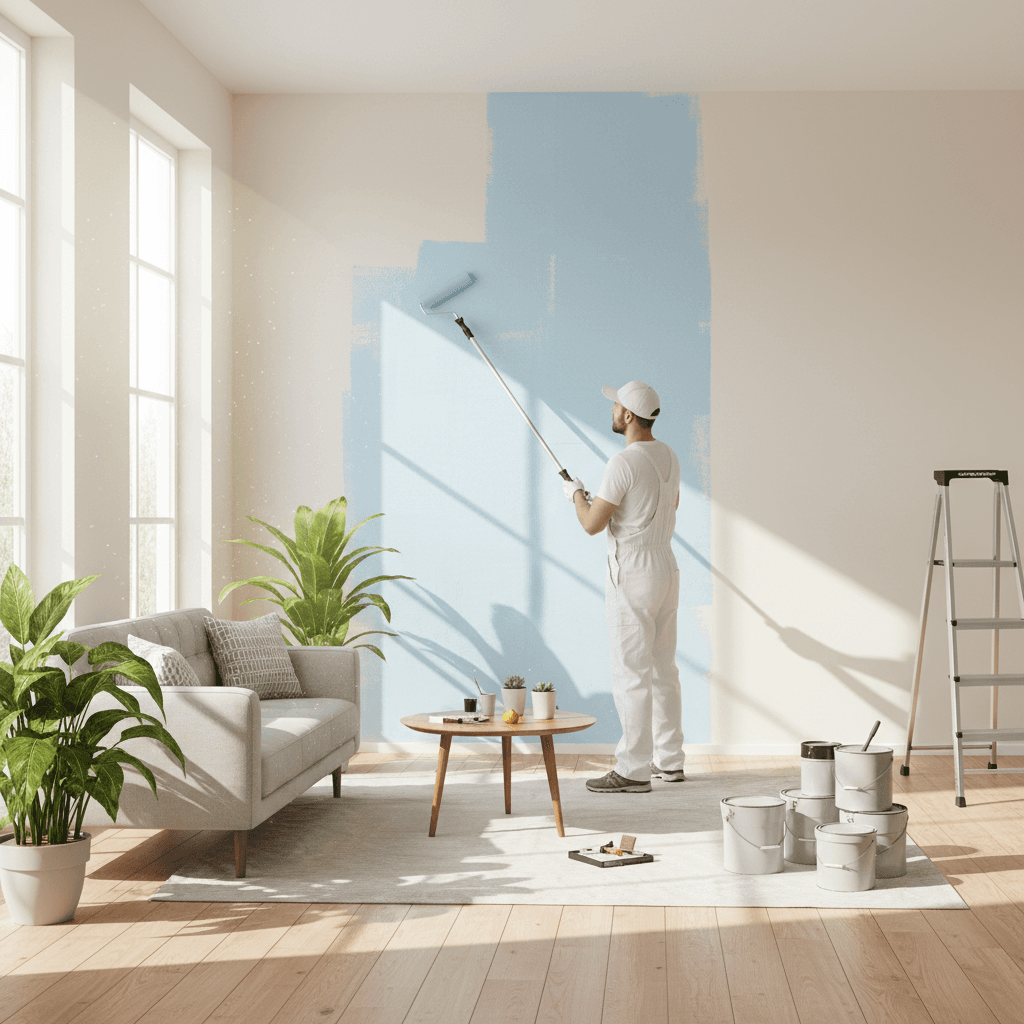 Painter applying paint to an interior wall in a bright living room