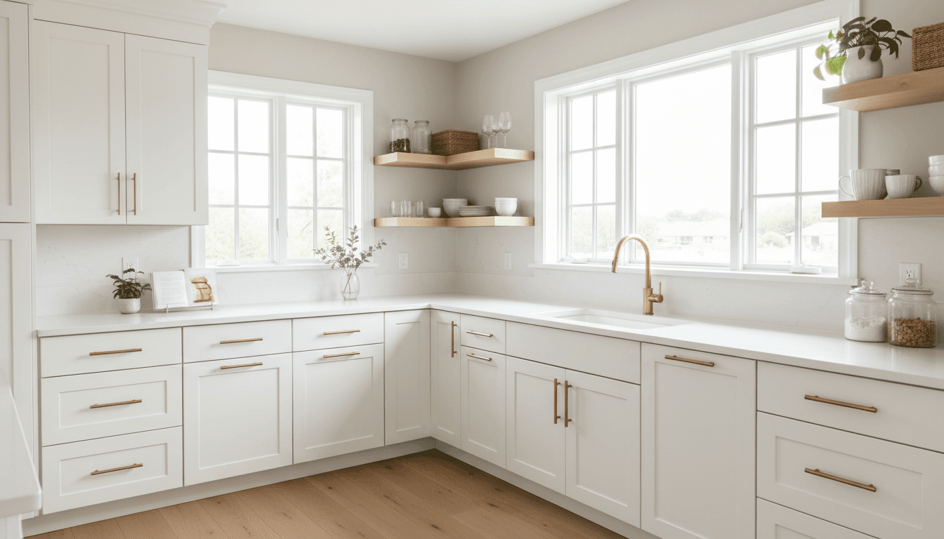 Bright modern kitchen with newly refinished white cabinets, updated hardware, and natural light from large window