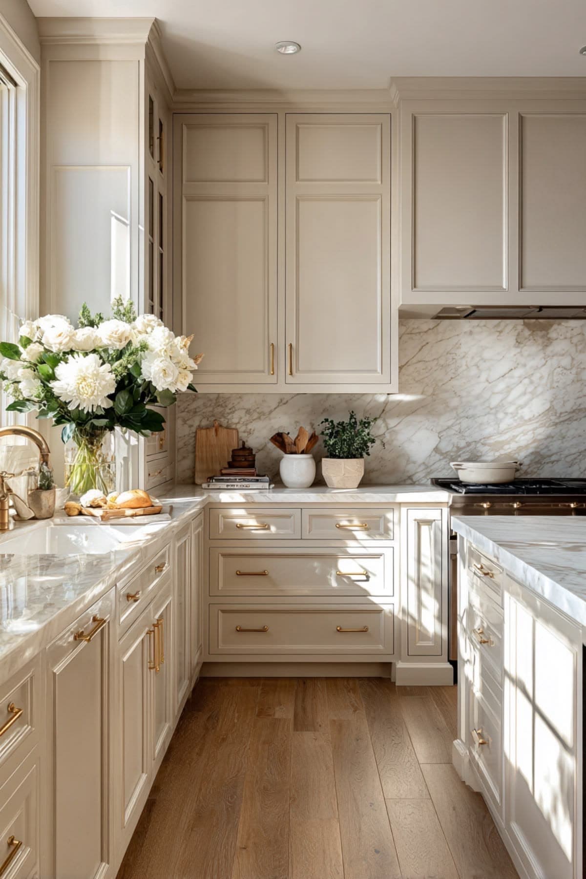 Bright cream kitchen with marble countertops, gold hardware, white flowers, and sunlit wooden floors.