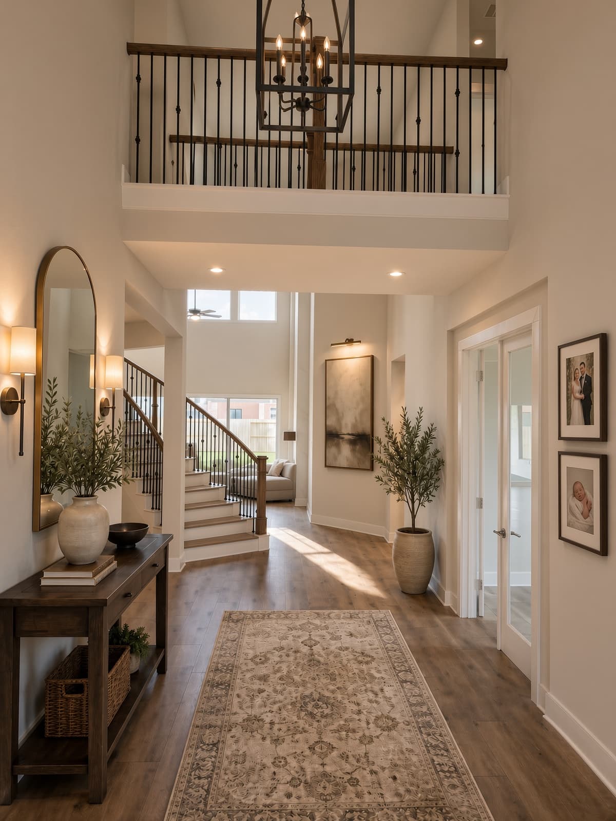 Bright modern entryway featuring a patterned rug, wooden console table, and a grand staircase.